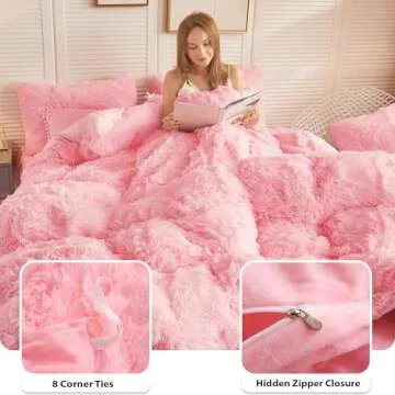 LIFEREVO Luxury Plush Shaggy Duvet Cover Set, Soft Velvet Fluffy Furry Duvet Cover Set(1 Faux Fur Fuzzy Comforter Cover + 1 Pom-poms Pillow Sham) Solid Bedding Set, Zipper Closure(Twin/Twin XL,Pink)
