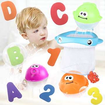 Bath Toy Sets with 36 Foam Letters, Squirty Animals, Net & Organizer