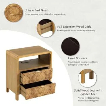 COZAYH Farmhouse Nightstand Set of 2 with Charging Station, Side Table with Power Outlet and USB & Type C Ports, Wood Bedside Table for Bedroom, Fully Assembled, Rustic, Brown