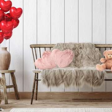 Tache Pink Heart Shaped Pillow - Faux Fur White Fleece Valentine's Romantic Super Soft Stuffed Light Blush Dusty Rose Furry Pillow 16x14 Pink Heart Pillow