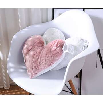 Tache Pink Heart Shaped Pillow - Faux Fur White Fleece Valentine's Romantic Super Soft Stuffed Light Blush Dusty Rose Furry Pillow 16x14 Pink Heart Pillow