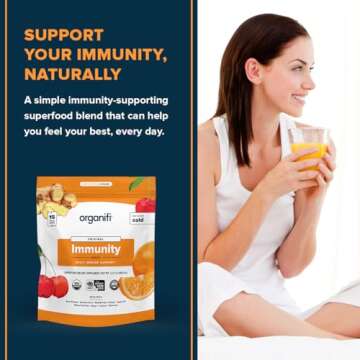 Organifi Immunity - Organic Superfood Immunity Support - 15 Single Serve Packets - Immunity Powder for T Cell Production and Upper Respiratory Health - Mushroom Beta Glucans, Vitamin C, D and Zinc
