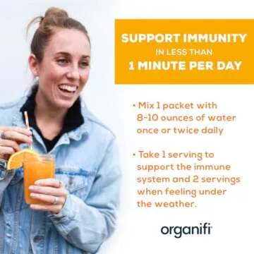 Organifi Immunity - Organic Superfood Immunity Support - 15 Single Serve Packets - Immunity Powder for T Cell Production and Upper Respiratory Health - Mushroom Beta Glucans, Vitamin C, D and Zinc