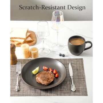 Tikooere Stoneware Dinner Plates, 10 Inch Serving Dishes Set of 4 for Kitchen, Ceramic Dinnerware Dishes for Steak, Pancakes, Scratch Resistant Plate Set, Microwave & Dishwasher Safe, Matte Black