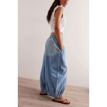 D-Sun Women Casual Loose Mid Rise Barrel Jeans Baggy Vintage Wide Leg Elastic Denim Pants Fashion Bo...