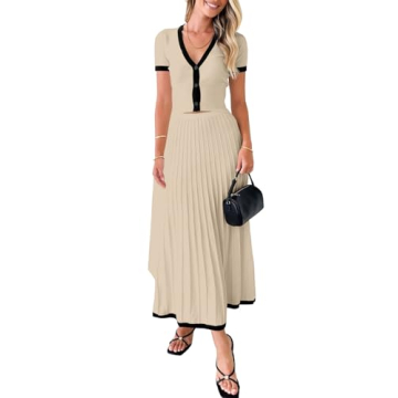 Imily Bela Womens 2 Piece Sweater Outfits Sets Short Sleeve V Neck Crop Top Knit Midi Long Pleated S...