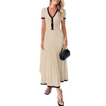 Imily Bela Womens 2 Piece Sweater Outfits Sets Short Sleeve V Neck Crop Top Knit Midi Long Pleated S...