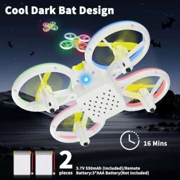 Drones for Kids - Easy to Use RC Quadcopter with Bat Design, Altitude Hold, Headless Mode, Blue & Green Lights, Propeller Protection, 2 Batteries, Remote - Great Gifts for Boys Age 6-12 Christmas gift