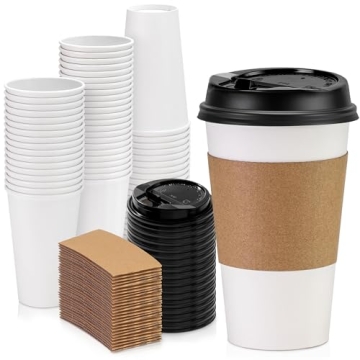 Fit Meal Prep 50 Pack 16 oz Disposable Coffee Cups with Lids, Sleeves, Leak-Proof To Go Coffee Cups ...