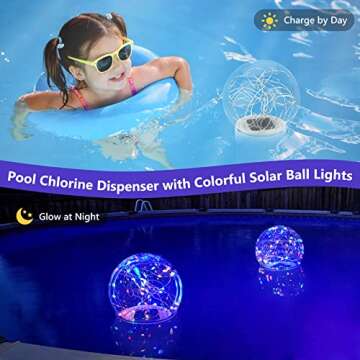 Pool Chlorine Floater with Colorful Solar Ball Lights, Floating Pool Chlorine Dispenser for 4x3” C...