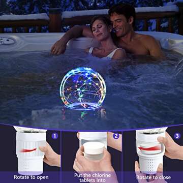 Pool Chlorine Floater with Colorful Solar Ball Lights, Floating Pool Chlorine Dispenser for 4x3” Chlorine Tablets, Easy Opening Chlorine Tablet Holder Floater, Anti-Sinking Spa Chemical Dispenser