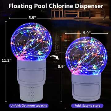 Pool Chlorine Floater with Colorful Solar Ball Lights, Floating Pool Chlorine Dispenser for 4x3” Chlorine Tablets, Easy Opening Chlorine Tablet Holder Floater, Anti-Sinking Spa Chemical Dispenser