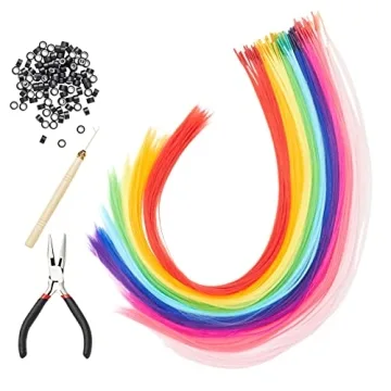 Glamlily Colored Hair Extensions for Kids, Hair Extension Beads, 100-Pcs Synthetic Strands in 10 Rai...