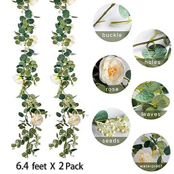 Miracliy 2 Pack 13FT Artificial Eucalyptus Garland with Champagne Roses Flower Vine Eucalyptus Greenery Garland for Weddings and Parties