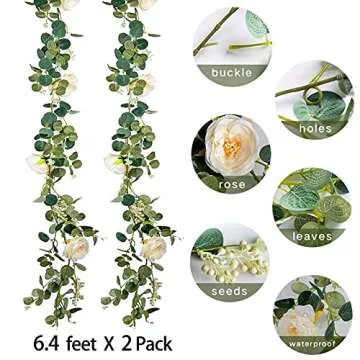 Miracliy 2 Pack 13FT Artificial Eucalyptus Garland with Champagne Roses Flower Vine Eucalyptus Greenery Garland for Weddings and Parties