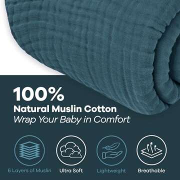 Comfy Cubs Muslin Blanket for Adults, Extra Large Twin 90” x 66”, 6 Layer Cooling Cotton Softness, Breathable & Warm Throw for Bedroom, Living Room Couch (Neptune, Twin - Muslin)