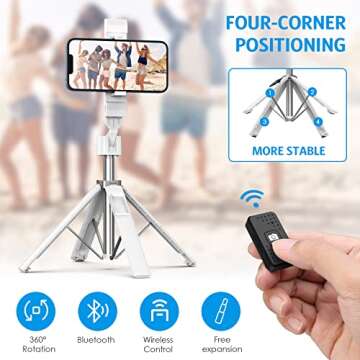 AMIR 40” Selfie Stick Quadrapod, Extendable Selfie Stick with Wireless Bluetooth Remote & Fill Light, 3 Light Modes, 9 Brightness Levels, Compatible with All iPhone & Android Devices