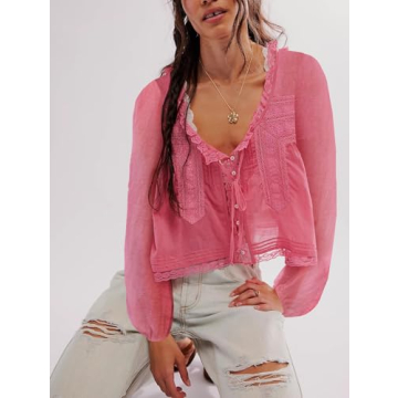 Yiulangde Tie Front Lace Tops for Women Trendy Ruffle Trim V Neck Chiffon Blouses Y2k Sheer Peplum Long Sleeve Button Shirts Pink