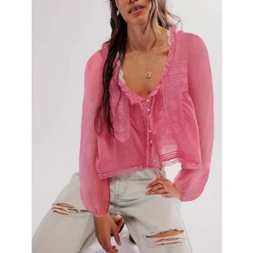 Yiulangde Tie Front Lace Tops for Women Trendy Ruffle Trim V Neck Chiffon Blouses Y2k Sheer Peplum Long Sleeve Button Shirts Pink