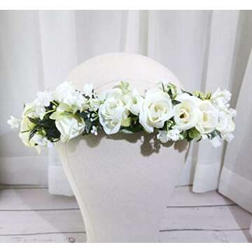 Funsveta Women Girls Boho Rose Floral Crown Wreath Wedding Flower Headband Photo Prop (Green Leaf and White)
