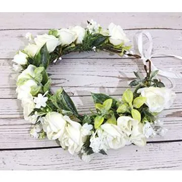 Funsveta Women Girls Boho Rose Floral Crown Wreath Wedding Flower Headband Photo Prop (Green Leaf and White)