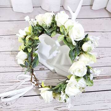 Funsveta Women Girls Boho Rose Floral Crown Wreath Wedding Flower Headband Photo Prop (Green Leaf and White)