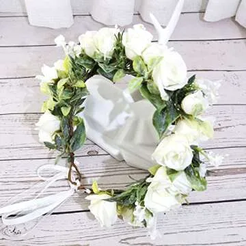 Funsveta Women Girls Boho Rose Floral Crown Wreath Wedding Flower Headband Photo Prop (Green Leaf and White)