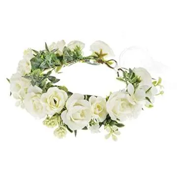 Funsveta Women Girls Boho Rose Floral Crown Wreath Wedding Flower Headband Photo Prop (Green Leaf and White)