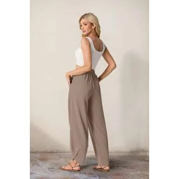 FREEOAK Womens Baggy Cotton Linen Pants Casual Fall 2025 Lounge Relaxed Fit Bottom Elastic Waisted Palazzo Harem Pants with Pockets Y2K Camel