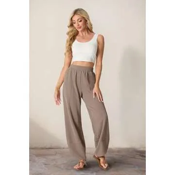 FREEOAK Womens Baggy Cotton Linen Pants Casual Fall 2025 Lounge Relaxed Fit Bottom Elastic Waisted Palazzo Harem Pants with Pockets Y2K Camel