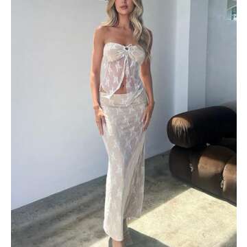 LWXQWDS Women's 2 Piece Skirt Set Strapless Sheer Lace Tube Top Bodycon Maxi Skirt 2Pcs Outfit (Small, White)