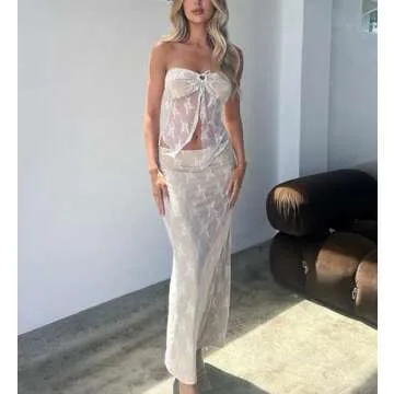 LWXQWDS Women's 2 Piece Skirt Set Strapless Sheer Lace Tube Top Bodycon Maxi Skirt 2Pcs Outfit (Small, White)