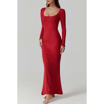 QINSEN Womens Solid Red Maxi Dress Long Sleeve Ribbed Knit Curvy Slim Fit Formal Cocktail Dress L