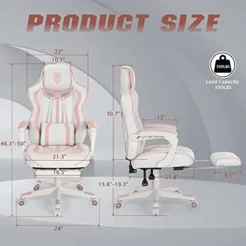 Vonesse Pink Gaming Chair for Girls, Pink Computer Gaming Chairs for Adults, Reclining Gamer Chair with Footrest with Massage, Ergonomic Home Office Gaming Chair High Back (White/Pink)