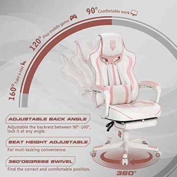 Vonesse Pink Gaming Chair for Girls, Pink Computer Gaming Chairs for Adults, Reclining Gamer Chair with Footrest with Massage, Ergonomic Home Office Gaming Chair High Back (White/Pink)