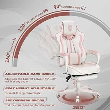 Vonesse Pink Gaming Chair for Girls, Pink Computer Gaming Chairs for Adults, Reclining Gamer Chair with Footrest with Massage, Ergonomic Home Office Gaming Chair High Back (White/Pink)