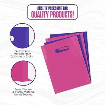 Houseables Plastic Merchandise Shopping Bags, Retail Bag, 16”x18”, 100 Pack, 1.75 Mil Thick, Pink & Purple, Die Cut Handles, Craft Fair Supplies, Store, Glossy, For Sales, Product, Favor, Boutique