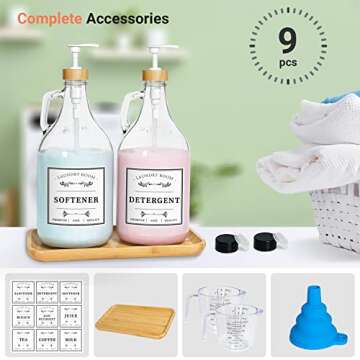 Glass Laundry Detergent Dispenser, Liquid Laundry Soap Dispenser for Laundry Room, 64oz Detergent Bleach Softener Dispenser for Farmhouse Decor, Includes Bamboo Pumps and Tray, Funnel, Labels