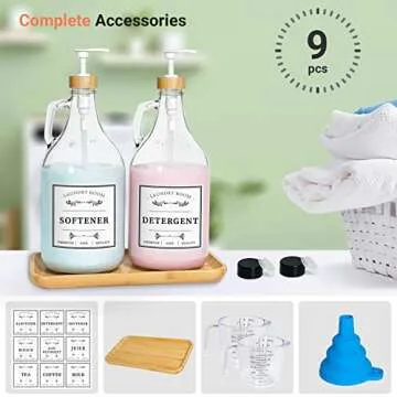 Glass Laundry Detergent Dispenser, Liquid Laundry Soap Dispenser for Laundry Room, 64oz Detergent Bleach Softener Dispenser for Farmhouse Decor, Includes Bamboo Pumps and Tray, Funnel, Labels