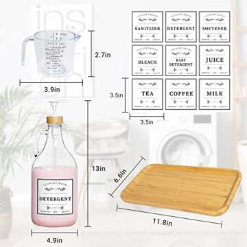 Glass Laundry Detergent Dispenser, Liquid Laundry Soap Dispenser for Laundry Room, 64oz Detergent Bleach Softener Dispenser for Farmhouse Decor, Includes Bamboo Pumps and Tray, Funnel, Labels