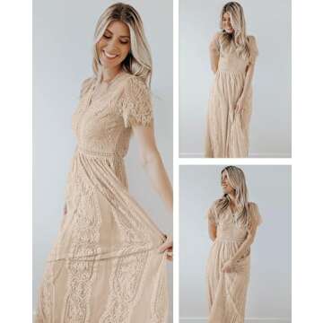 MEROKEETY Women's V Neck Short Sleeve Floral Lace Wedding Dress Bridesmaid Cocktail Party Maxi Dress