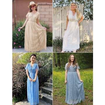 MEROKEETY Women's V Neck Short Sleeve Floral Lace Wedding Dress Bridesmaid Cocktail Party Maxi Dress