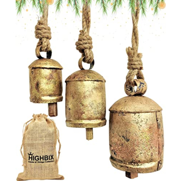 HIGHBIX Set of 3 Harmony Cow Bells Vintage Handmade Rustic Lucky Christmas Hanging Bells On Rope