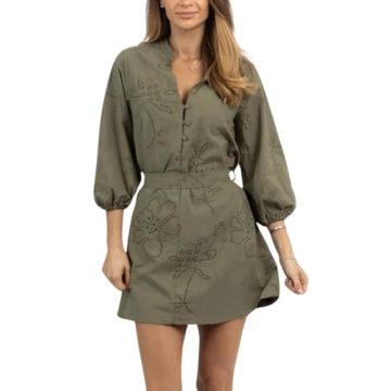Joiemont Womens Olive Embroidered Belted Mini Dress Summer Half Button 3/4 Sleeve Eyelet Dress(0646-...