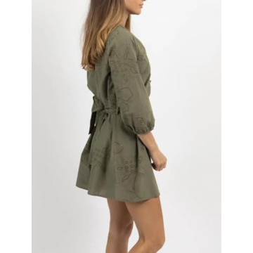 Joiemont Womens Olive Embroidered Belted Mini Dress Summer Half Button 3/4 Sleeve Eyelet Dress(0646-Olive-L)