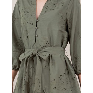 Joiemont Womens Olive Embroidered Belted Mini Dress Summer Half Button 3/4 Sleeve Eyelet Dress(0646-Olive-L)
