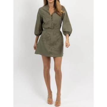 Joiemont Womens Olive Embroidered Belted Mini Dress Summer Half Button 3/4 Sleeve Eyelet Dress(0646-Olive-L)