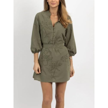 Joiemont Womens Olive Embroidered Belted Mini Dress Summer Half Button 3/4 Sleeve Eyelet Dress(0646-Olive-L)