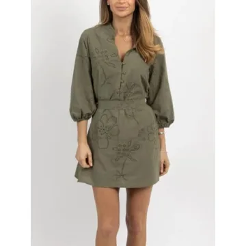 Joiemont Womens Olive Embroidered Belted Mini Dress Summer Half Button 3/4 Sleeve Eyelet Dress(0646-Olive-L)