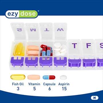 EZY DOSE Weekly (7-Day) Pill Case, Medicine Planner, Vitamin Organizer Box, Medium Push-Button Compartments, Convenient and Easy to Use, Color May Vary, BPA Free